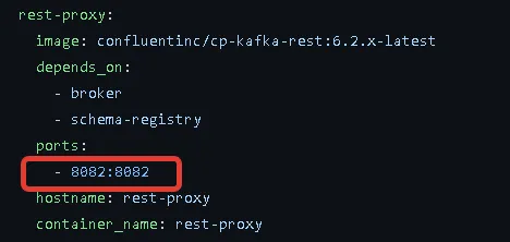 Фрагмент docker-compose Kafka: сервис rest-proxy на образе cp-kafka-rest с проброшенным портом 8082