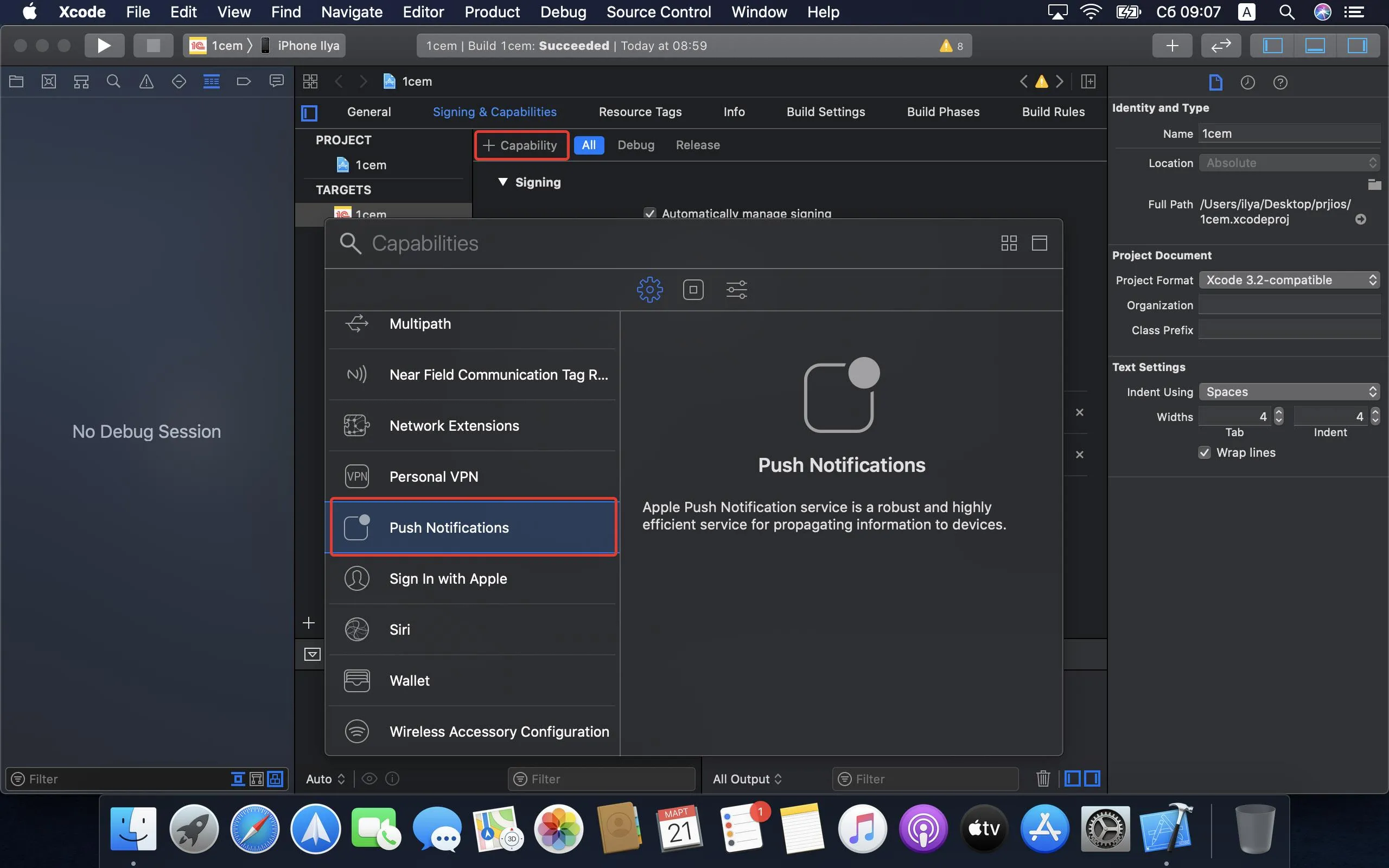 XCode: окно выбора Capabilities с выделенным пунктом Push Notifications