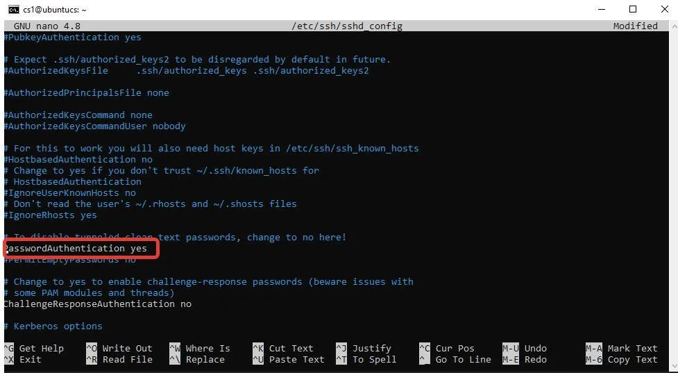 Редактор nano с файлом /etc/ssh/sshd_config: параметр PasswordAuthentication переведён в yes