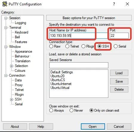 PuTTY Configuration: адрес сервера, порт 22 и тип соединения SSH