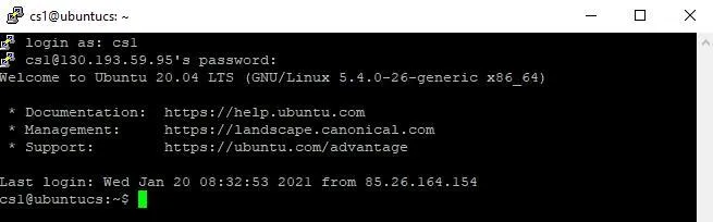 Терминал PuTTY: успешный вход пользователем cs1 на Ubuntu 20.04 LTS