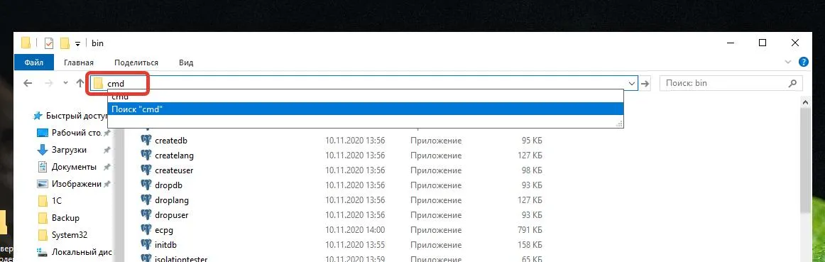 Проводник Windows: запуск cmd из папки bin PostgreSQL для выполнения утилит бэкапа